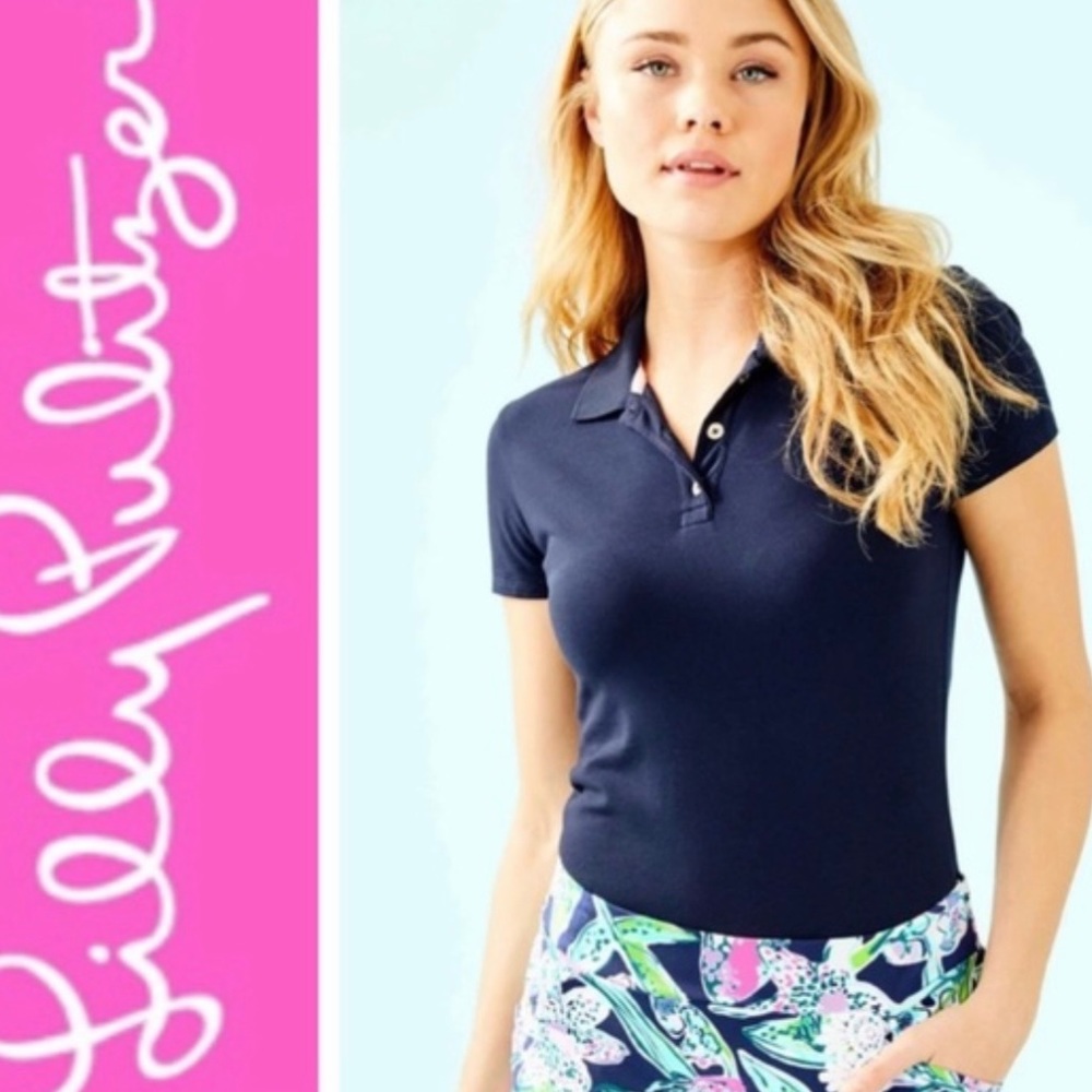 Lilly Pulitzer Polo Shirt Size Large Navy Blue Pique Cotton short sleeve golf